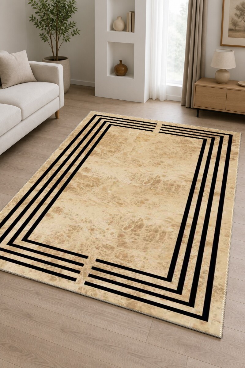 Bej Travertin Mermer Zemin Siyah Art Deco Tek Dikdörtgen Çerçeve Minimalist Lüks Halı