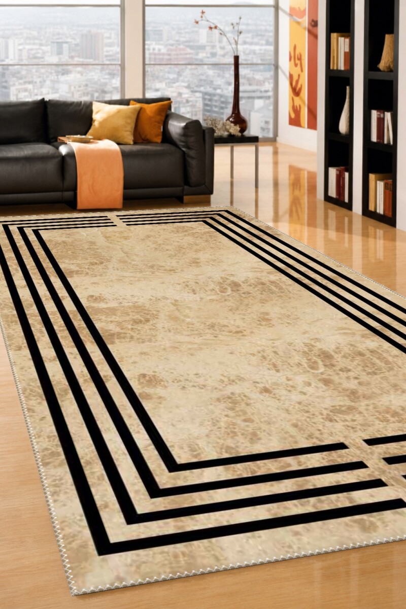 Bej Travertin Mermer Zemin Siyah Art Deco Tek Dikdörtgen Çerçeve Minimalist Lüks Halı