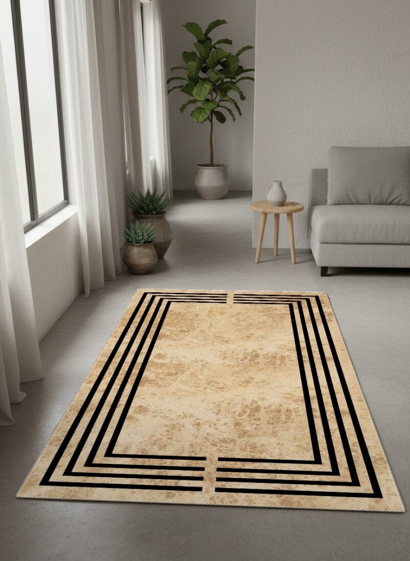 Bej Travertin Mermer Zemin Siyah Art Deco Tek Dikdörtgen Çerçeve Minimalist Lüks Halı