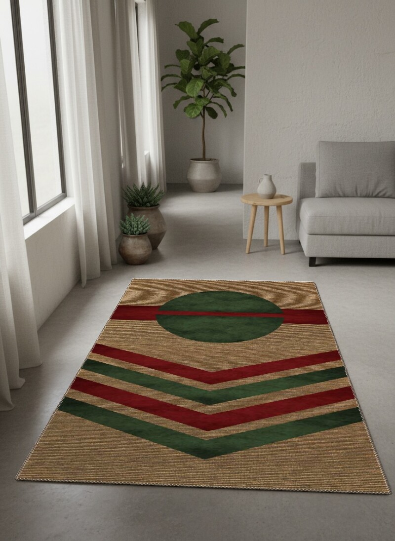 Keten Jüt Zemin Koyu Yeşil Daire Bordo Şerit Çift Chevron Bauhaus Retro Halı