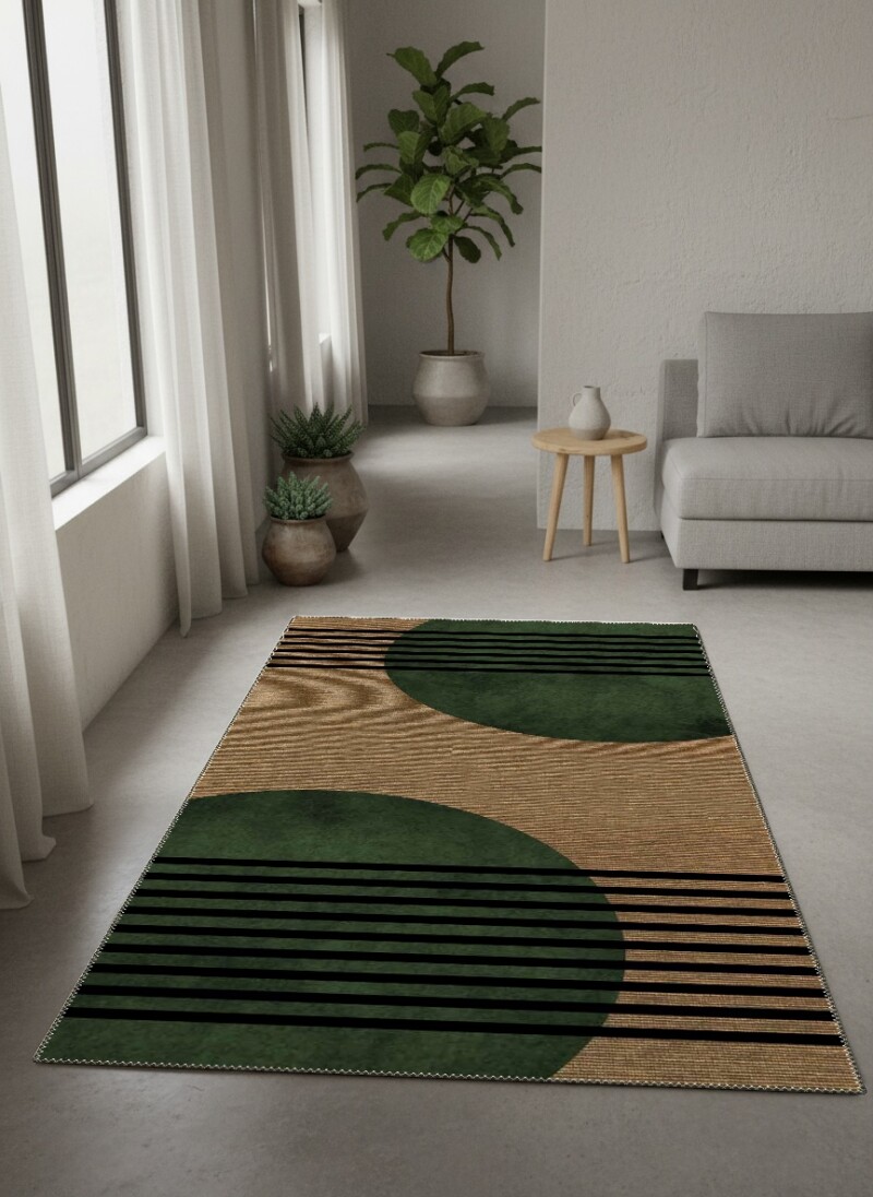 Bej Keten Zemin Koyu Yeşil Çift Daire Siyah Yatay Çizgi Bauhaus Retro Halı