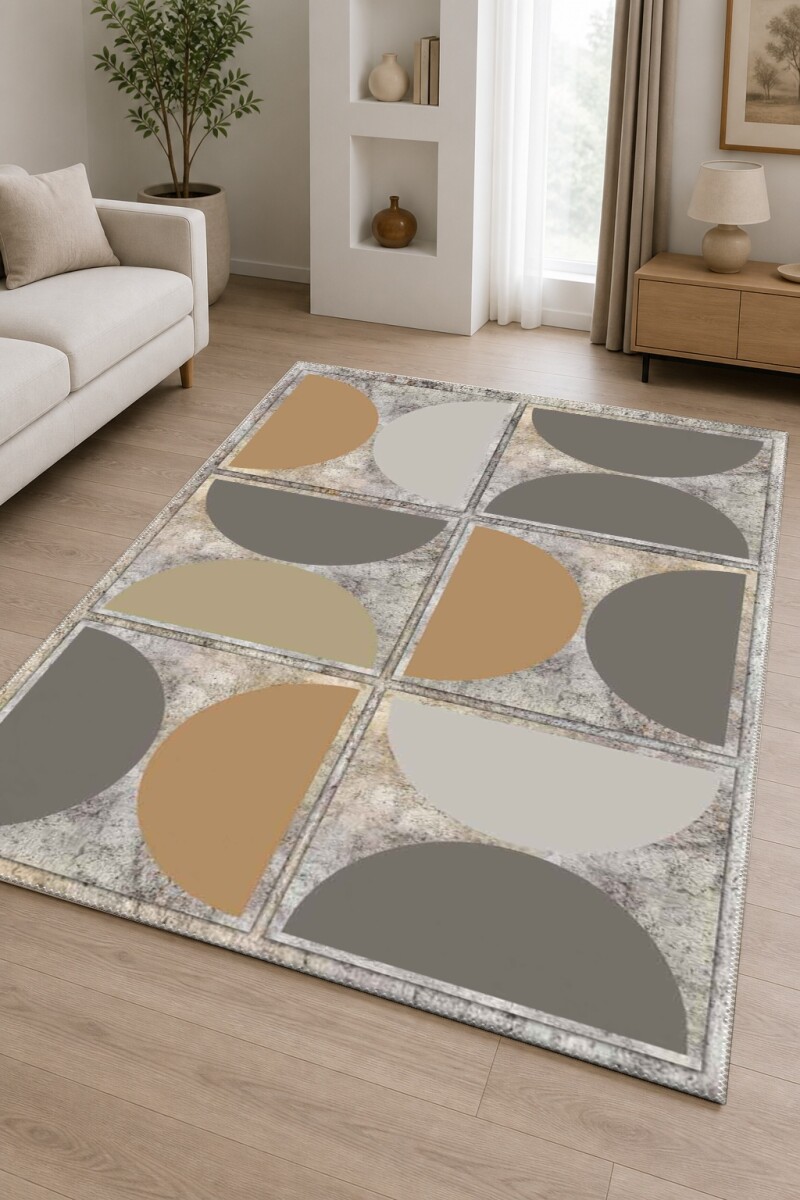 Bej Gümüş Eskitme Taş Zemin Altın Gri Yarım Daire Grid Minimalist Mid-Century Halı