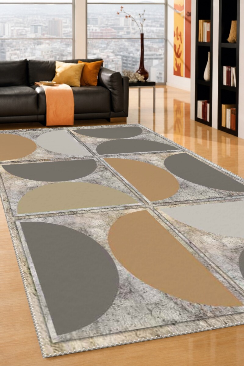 Bej Gümüş Eskitme Taş Zemin Altın Gri Yarım Daire Grid Minimalist Mid-Century Halı