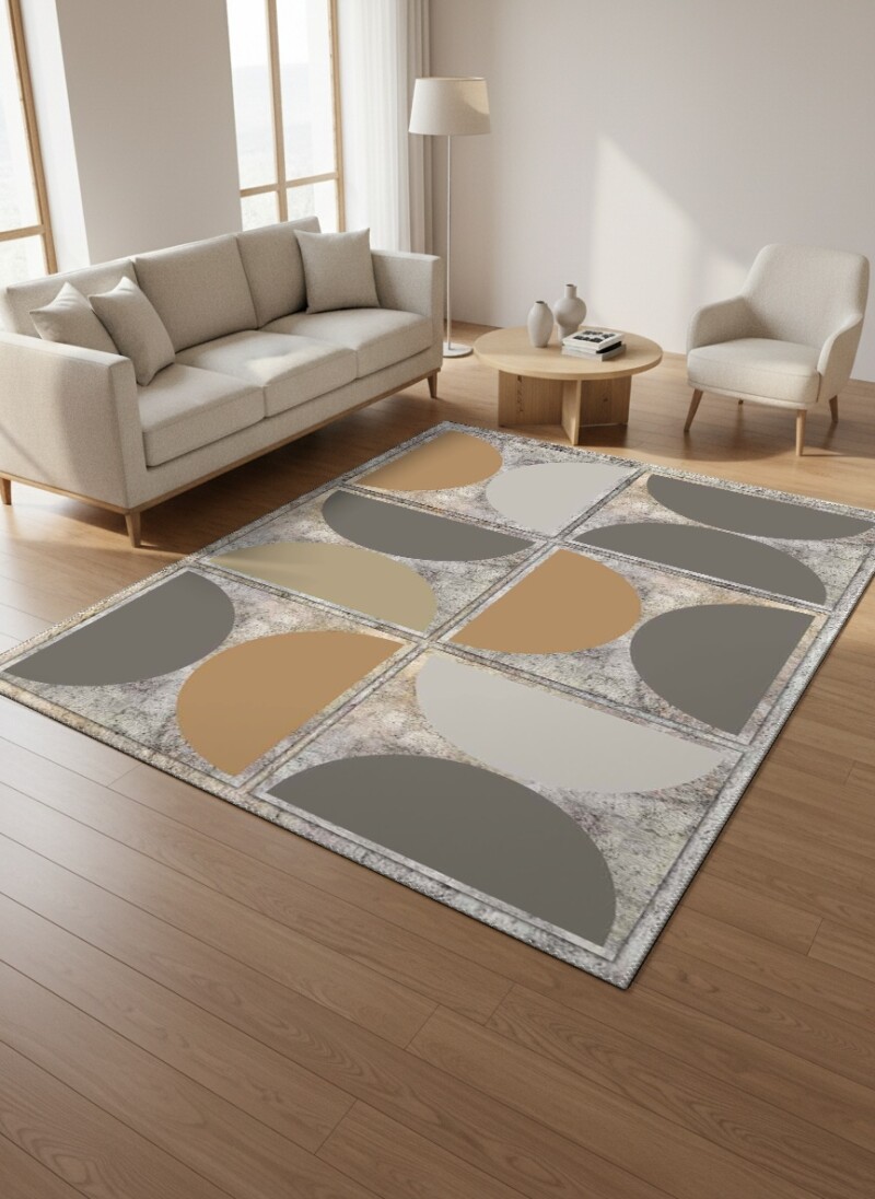 Bej Gümüş Eskitme Taş Zemin Altın Gri Yarım Daire Grid Minimalist Mid-Century Halı