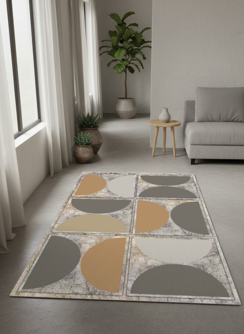 Bej Gümüş Eskitme Taş Zemin Altın Gri Yarım Daire Grid Minimalist Mid-Century Halı