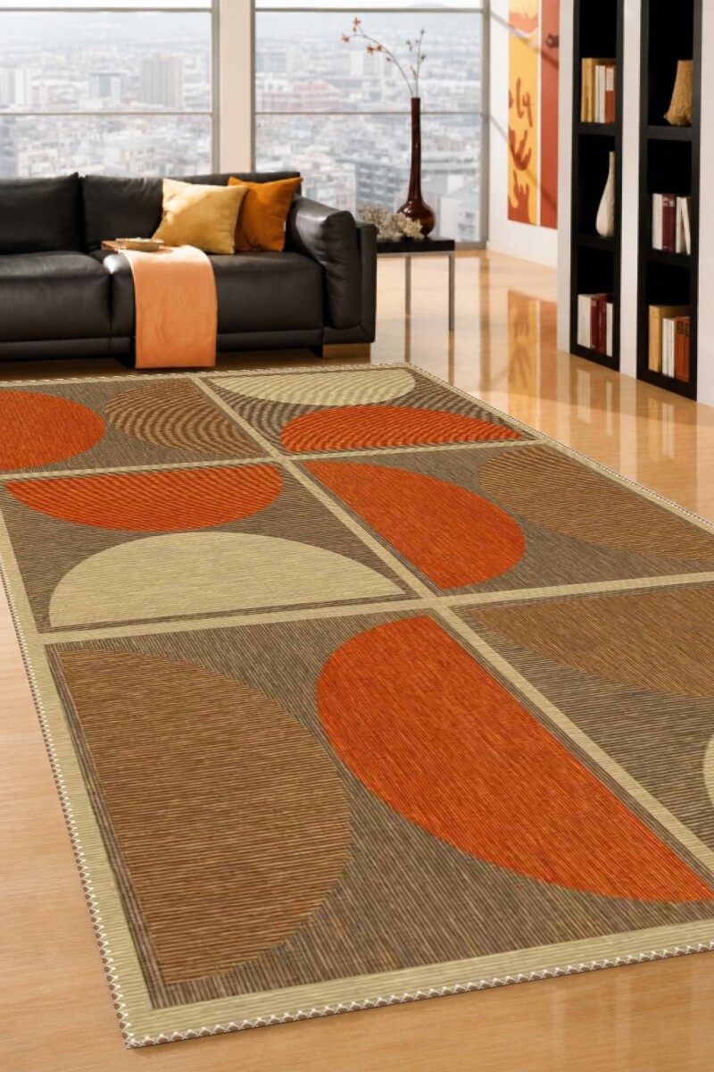Bej Keten Zemin Turuncu Krem Yarım Daire Grid Retro Mid-Century Modern Halı