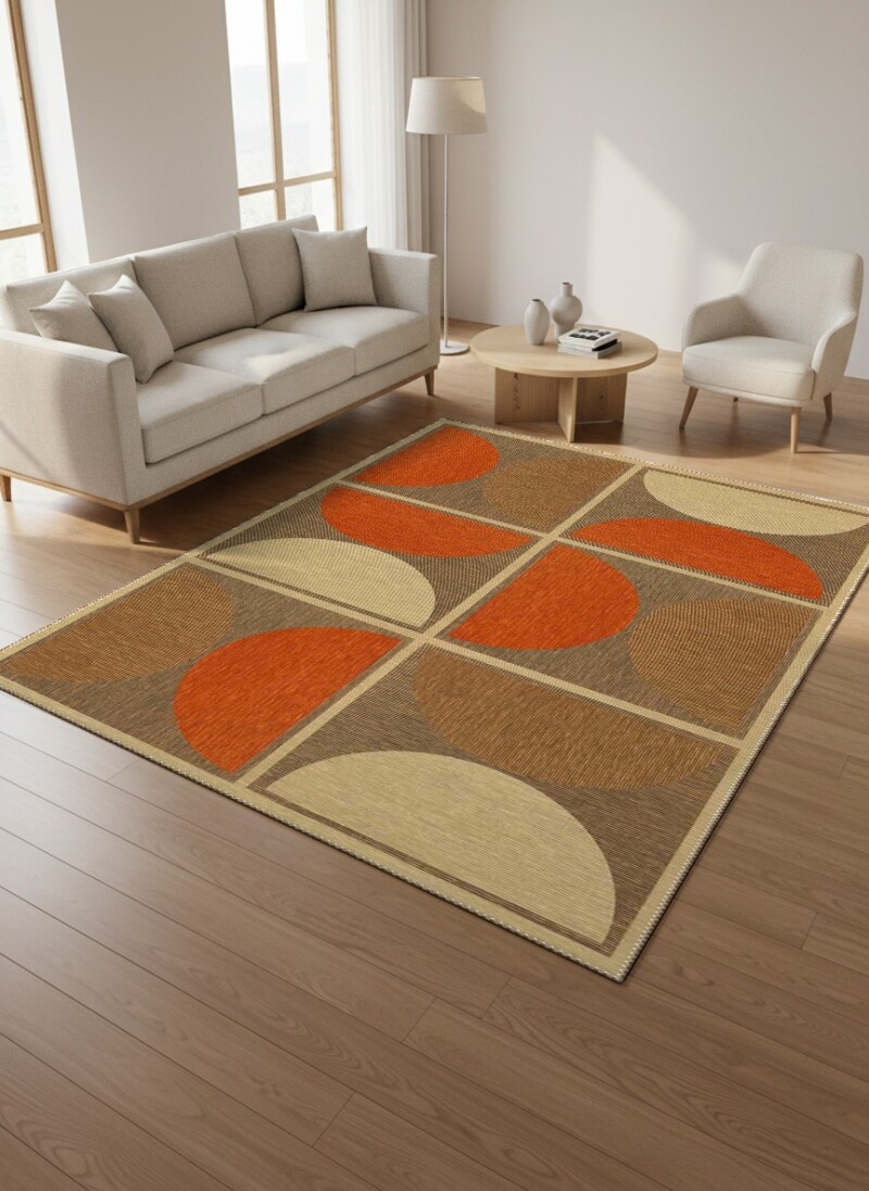 Bej Keten Zemin Turuncu Krem Yarım Daire Grid Retro Mid-Century Modern Halı