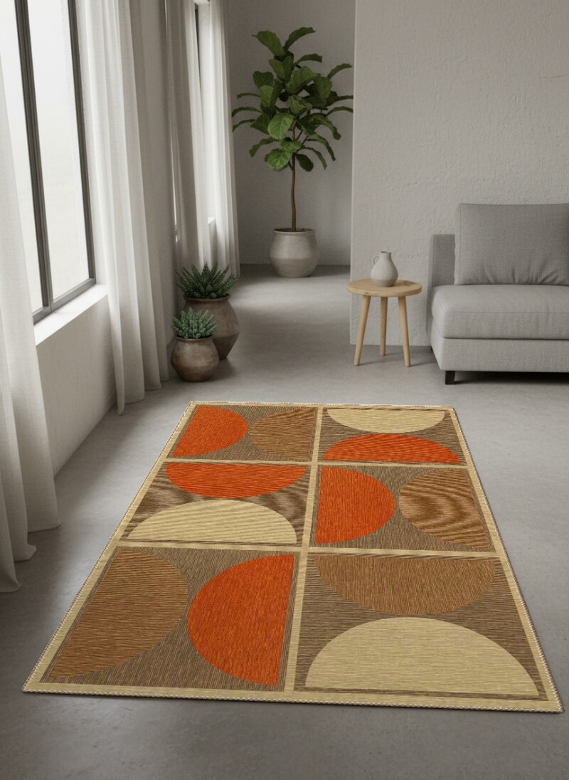 Bej Keten Zemin Turuncu Krem Yarım Daire Grid Retro Mid-Century Modern Halı