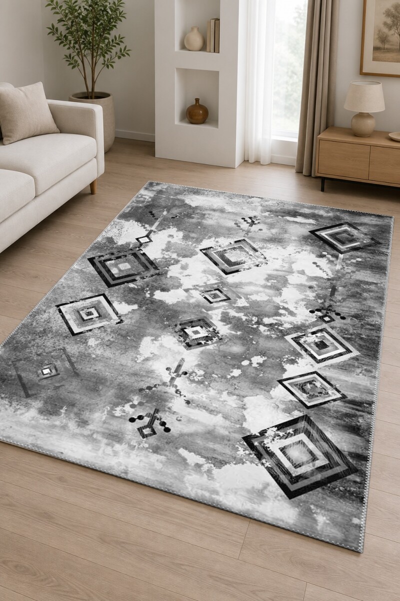 Gri Beyaz Eskitme Grunge Zemin Siyah Geometrik Elmas Kafes İnce Tribal Motif Halı