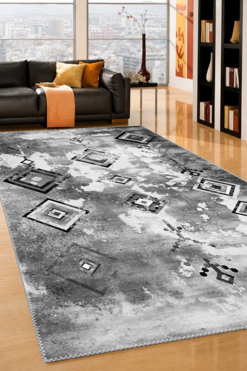 Gri Beyaz Eskitme Grunge Zemin Siyah Geometrik Elmas Kafes İnce Tribal Motif Halı