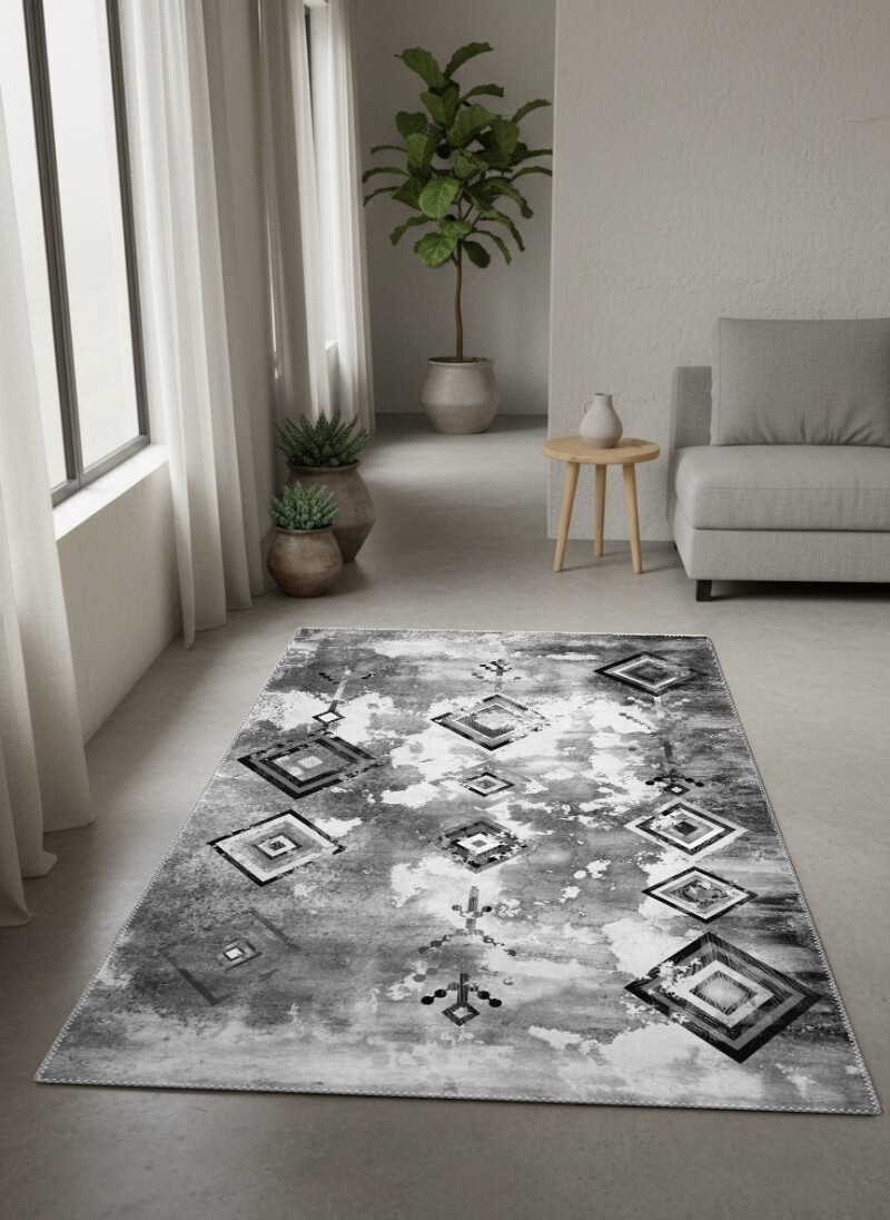 Gri Beyaz Eskitme Grunge Zemin Siyah Geometrik Elmas Kafes İnce Tribal Motif Halı