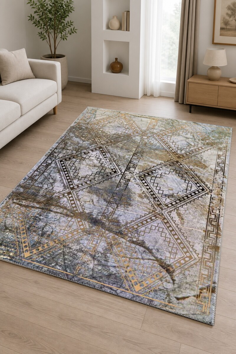 Gri Eskitme Mermer Zemin Altın Çift Elmas Çapraz Kafes Meandros Bordür Tribal Art Deco Halı