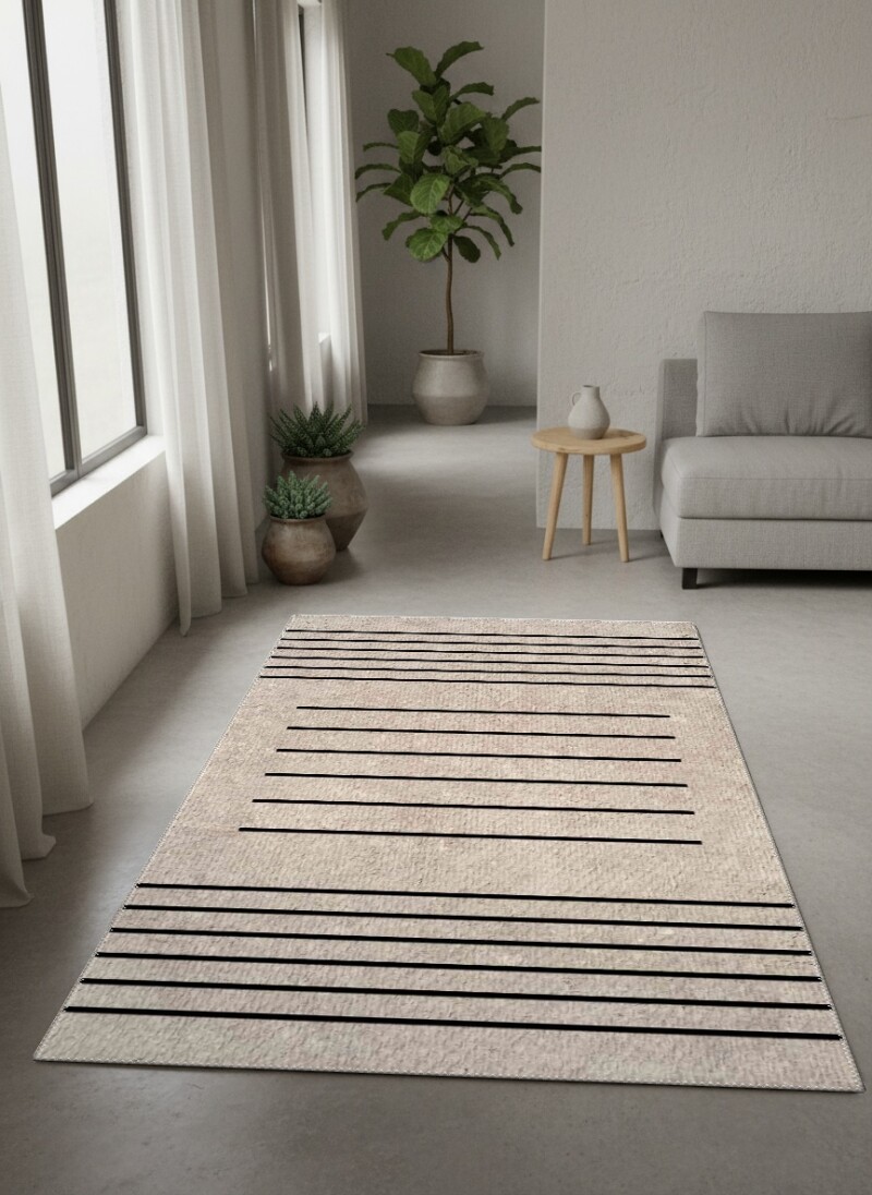 Bej Keten Zemin Siyah İnce Yatay Paralel Çizgi Ortada Kısa Simetrik Çizgi Serisi Minimalist Zen Halı
