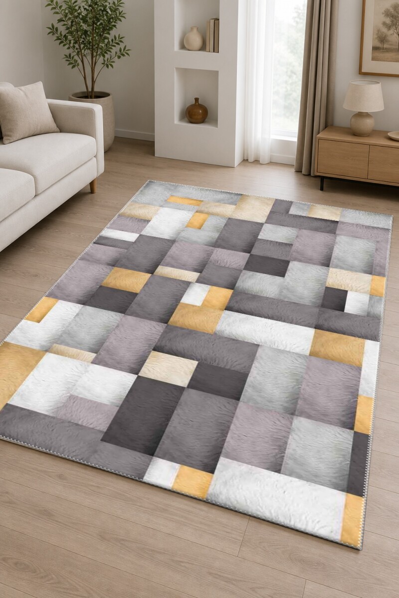 Gri Antrasit Zemin Gri Beyaz Altın Kare Mozaik Kürk Doku Patchwork Glamour Halı