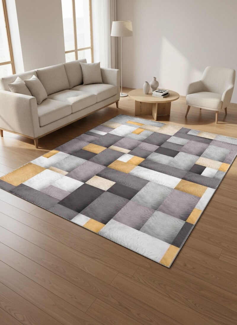 Gri Antrasit Zemin Gri Beyaz Altın Kare Mozaik Kürk Doku Patchwork Glamour Halı