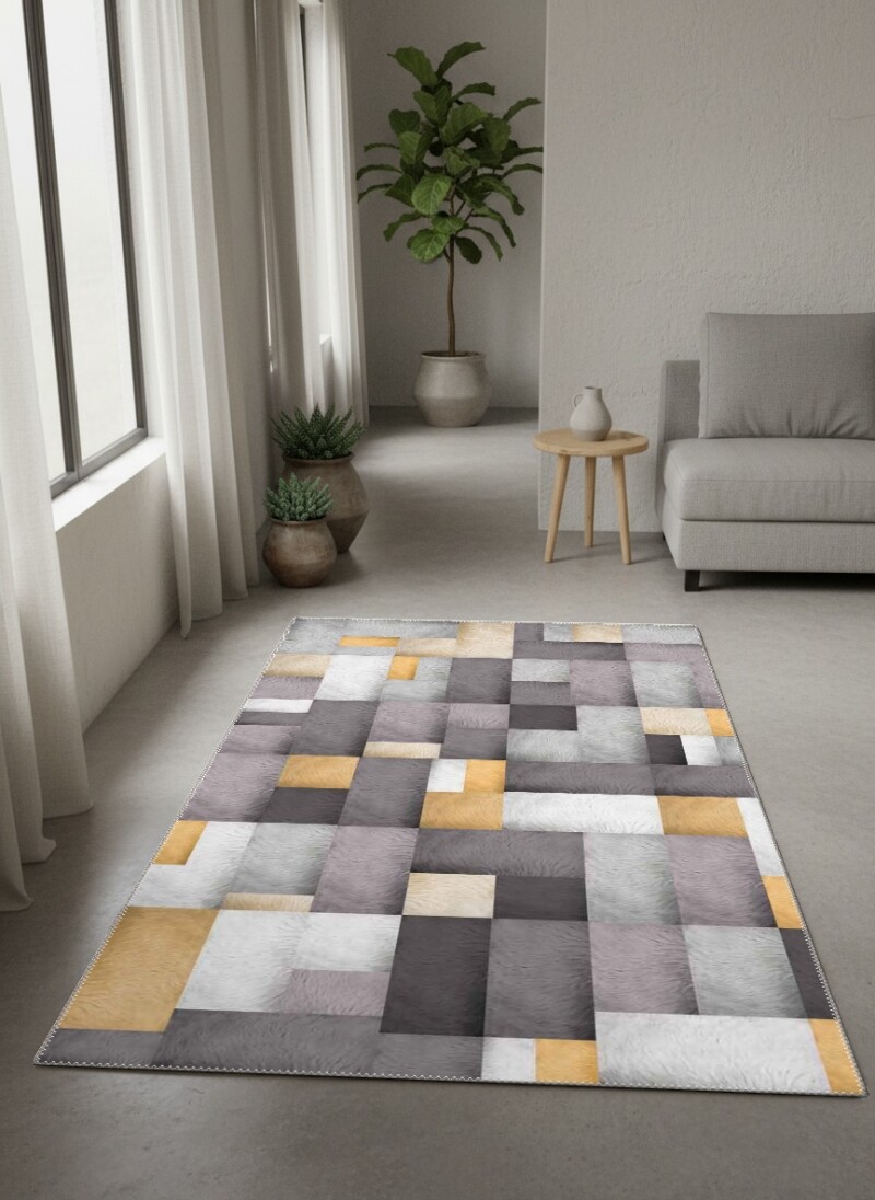 Gri Antrasit Zemin Gri Beyaz Altın Kare Mozaik Kürk Doku Patchwork Glamour Halı