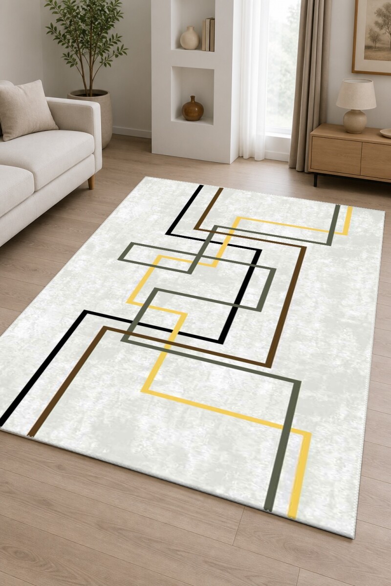 Açık Gri Zemin Siyah Kahve Altın İç İçe Kırık Dikdörtgen L Çerçeve Minimalist Mid-Century Halı