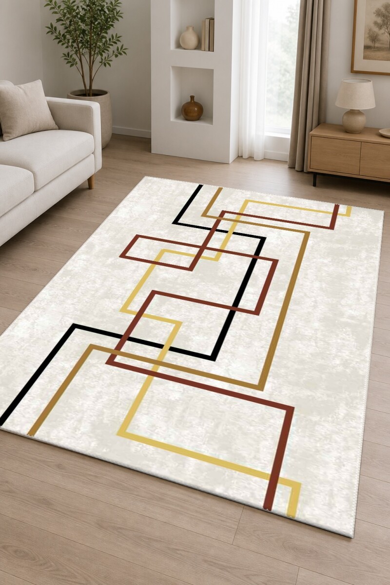Açık Gri Zemin Siyah Bordo Altın İç İçe Kırık Dikdörtgen L Çerçeve Minimalist Mid-Century Halı