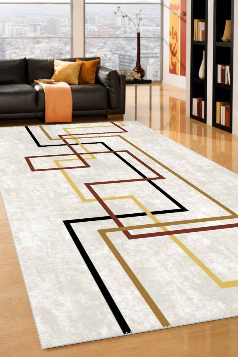 Açık Gri Zemin Siyah Bordo Altın İç İçe Kırık Dikdörtgen L Çerçeve Minimalist Mid-Century Halı