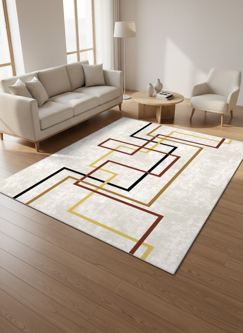 Açık Gri Zemin Siyah Bordo Altın İç İçe Kırık Dikdörtgen L Çerçeve Minimalist Mid-Century Halı