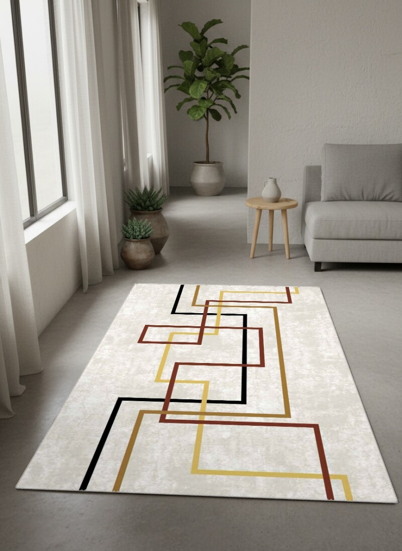 Açık Gri Zemin Siyah Bordo Altın İç İçe Kırık Dikdörtgen L Çerçeve Minimalist Mid-Century Halı