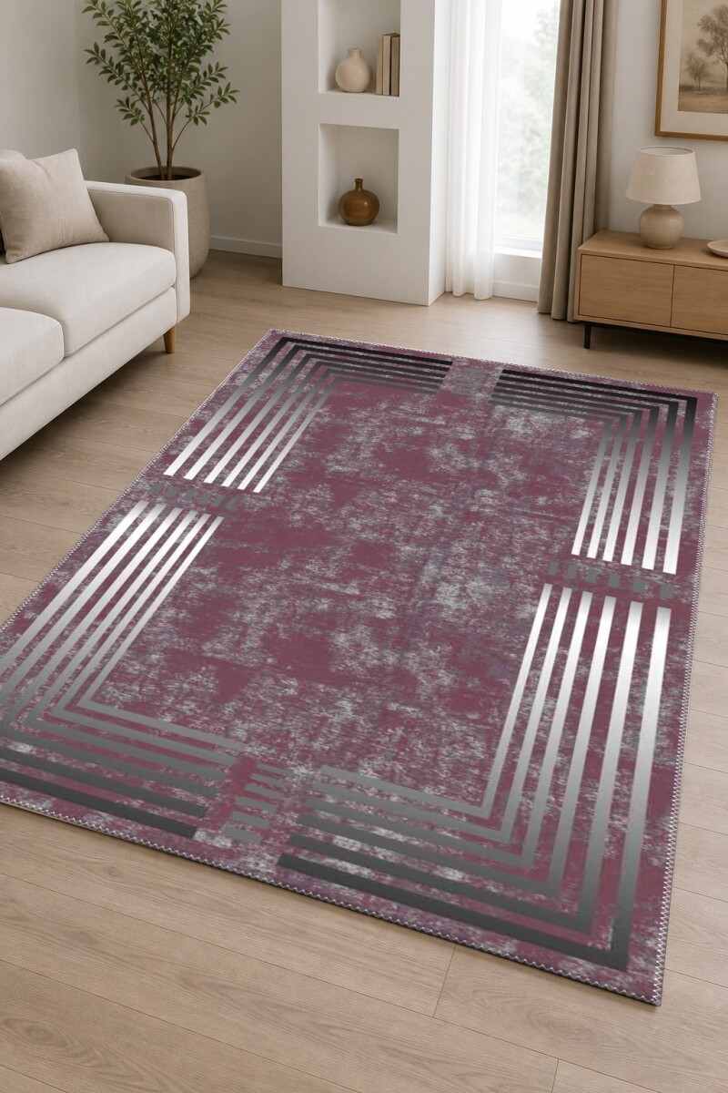 Bordo Vişne Eskitme Zemin Gümüş Siyah Art Deco Dört Köşe Kademeli L Çerçeve İki Panel Halı