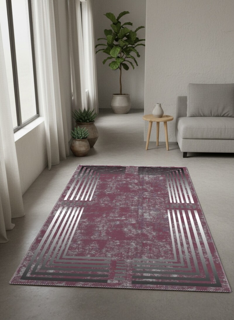 Bordo Vişne Eskitme Zemin Gümüş Siyah Art Deco Dört Köşe Kademeli L Çerçeve İki Panel Halı