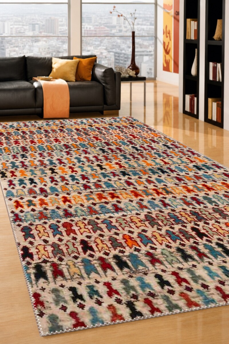 Bej Krem Zemin Çok Renkli Stilize İnsan Figürü Tribal Gabbeh Satır Desen Afgan Kilim Halı