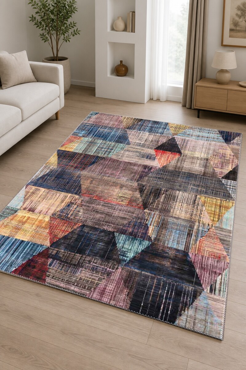 Çok Renkli Dokuma Zemin Mavi Mor Pembe Sarı Üçgen Patchwork Sanatsal Modern Halı