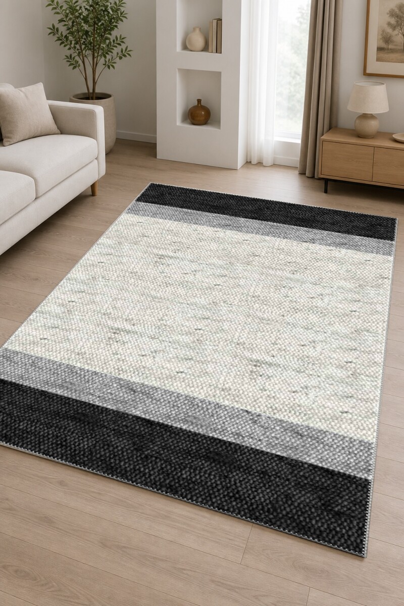 Siyah Gri Beyaz Yatay Geniş Şerit Bantlı Gerçek Dokuma Skandinav Kilim Tarzı Halı