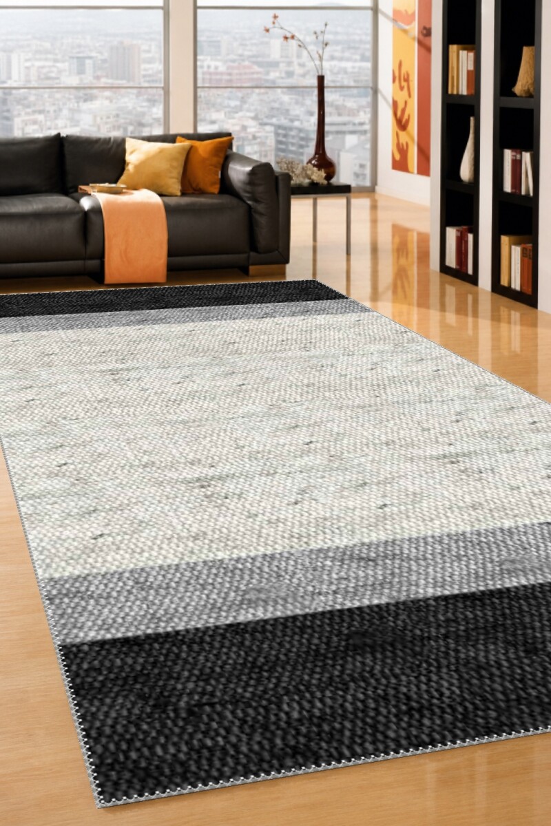 Siyah Gri Beyaz Yatay Geniş Şerit Bantlı Gerçek Dokuma Skandinav Kilim Tarzı Halı