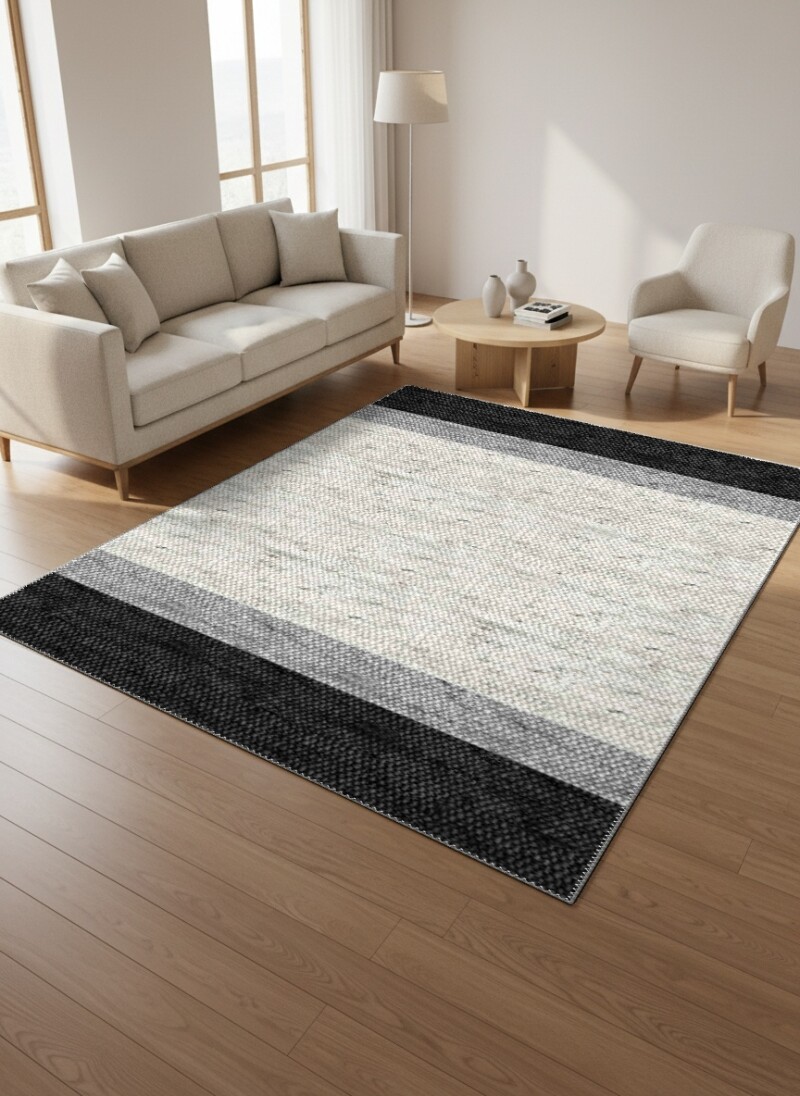 Siyah Gri Beyaz Yatay Geniş Şerit Bantlı Gerçek Dokuma Skandinav Kilim Tarzı Halı