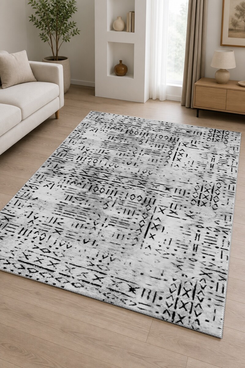 Siyah Beyaz Gri Primitif Afrika Mud Cloth Sembol Tam Ekran Vintage Etnik Halı