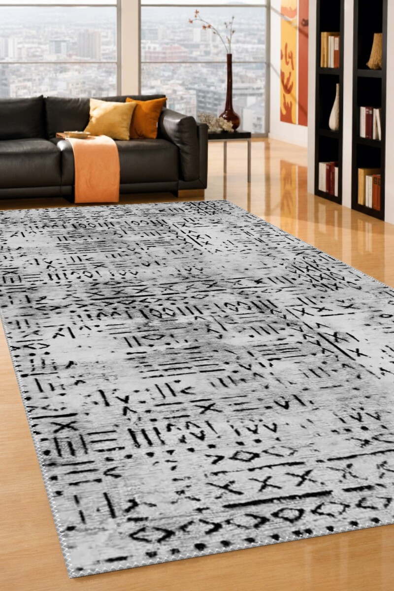 Siyah Beyaz Gri Primitif Afrika Mud Cloth Sembol Tam Ekran Vintage Etnik Halı