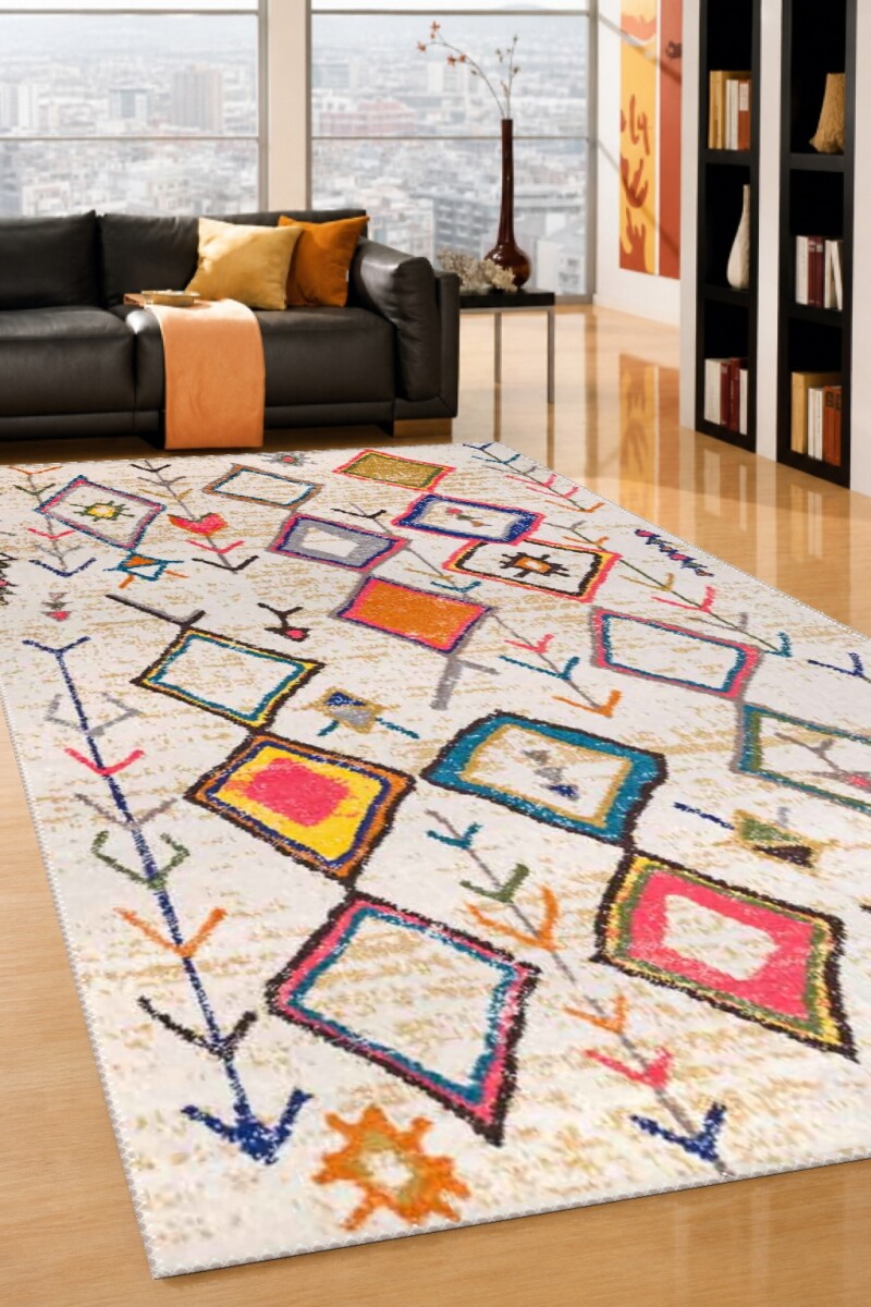 Krem Zemin Çok Renkli Berber Elmas Baklava Dal Çiçek Bohem Salon Halısı