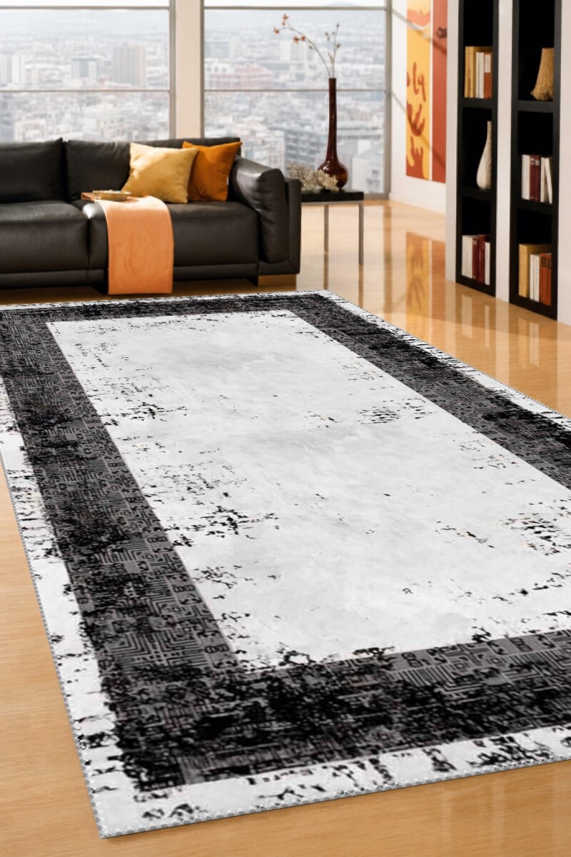 Siyah Gri Eskitme Nakış Kilim Çerçeve Beyaz Merkez Soyut Dramatik Halı