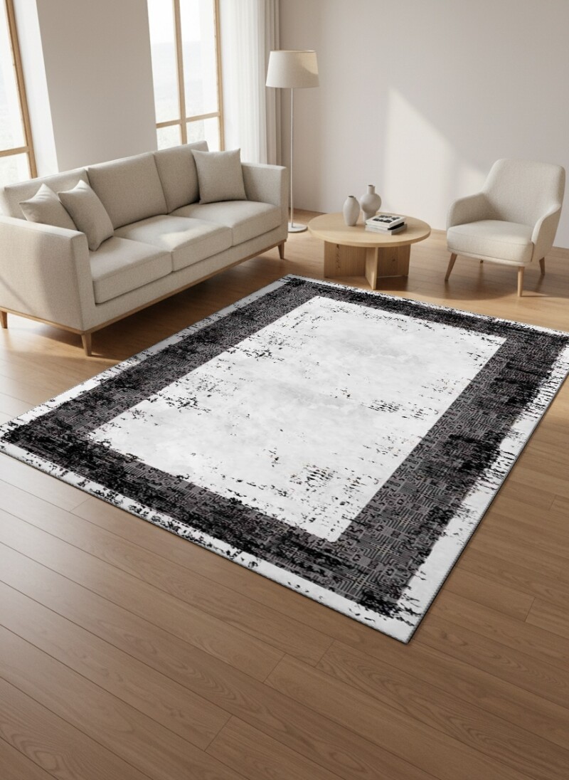 Siyah Gri Eskitme Nakış Kilim Çerçeve Beyaz Merkez Soyut Dramatik Halı
