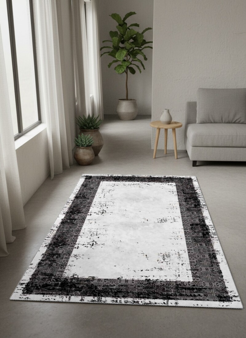 Siyah Gri Eskitme Nakış Kilim Çerçeve Beyaz Merkez Soyut Dramatik Halı