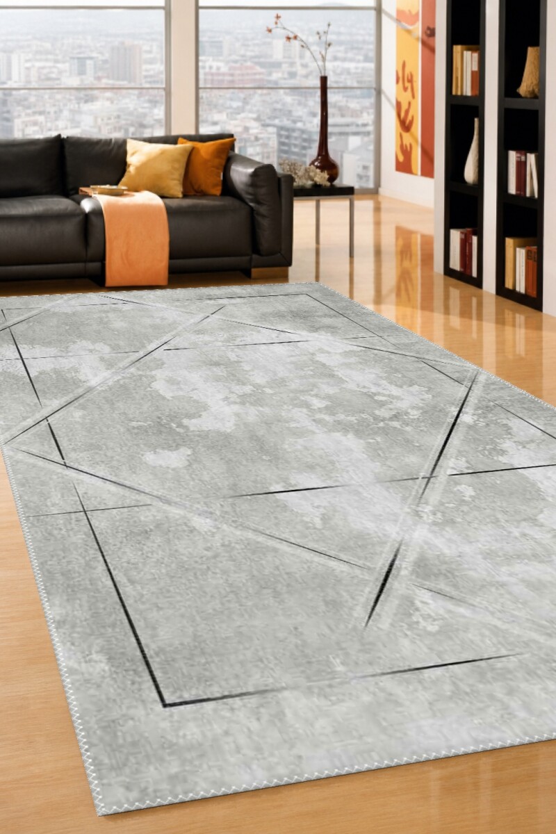 Açık Gri Beton Soyut Eskitme İnce Siyah Çerçeve Elmas Kare İç İçe Geometrik Halı