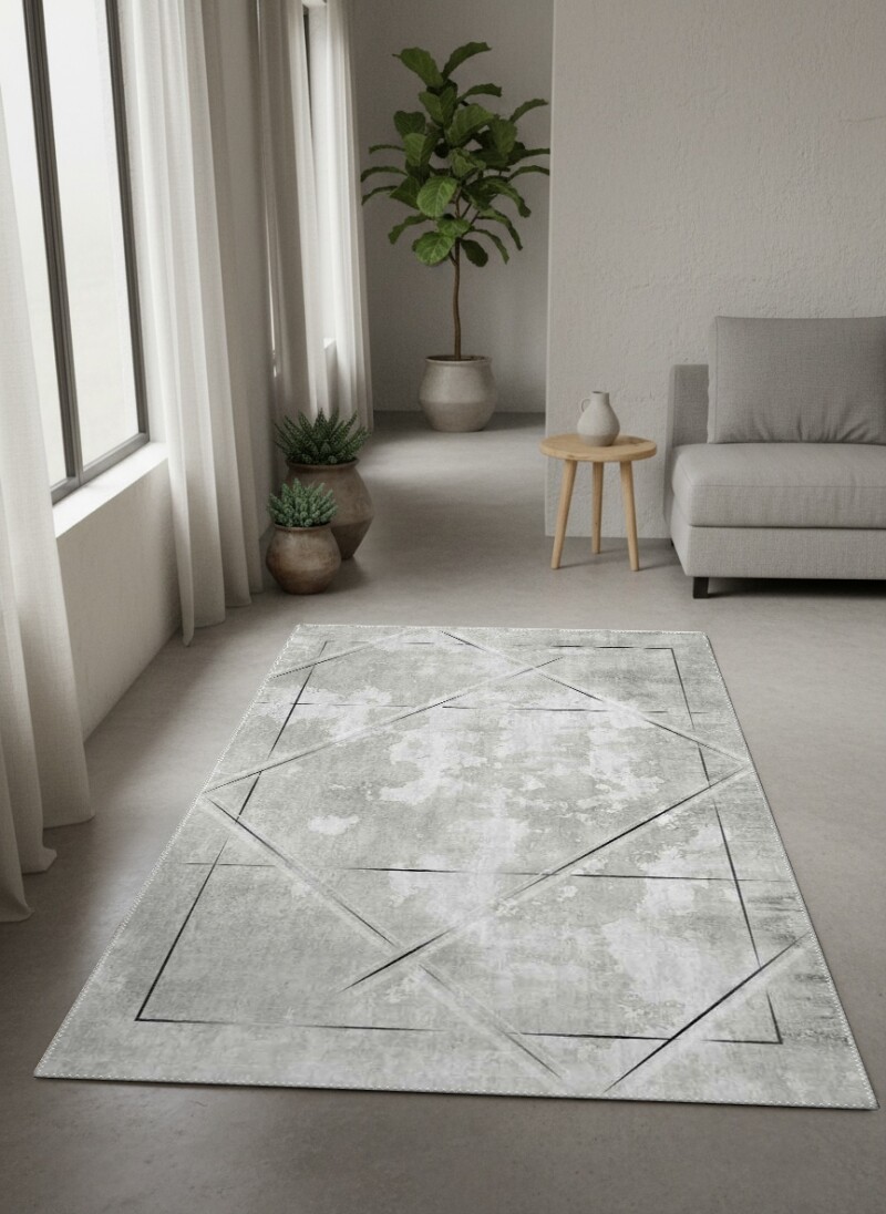 Açık Gri Beton Soyut Eskitme İnce Siyah Çerçeve Elmas Kare İç İçe Geometrik Halı