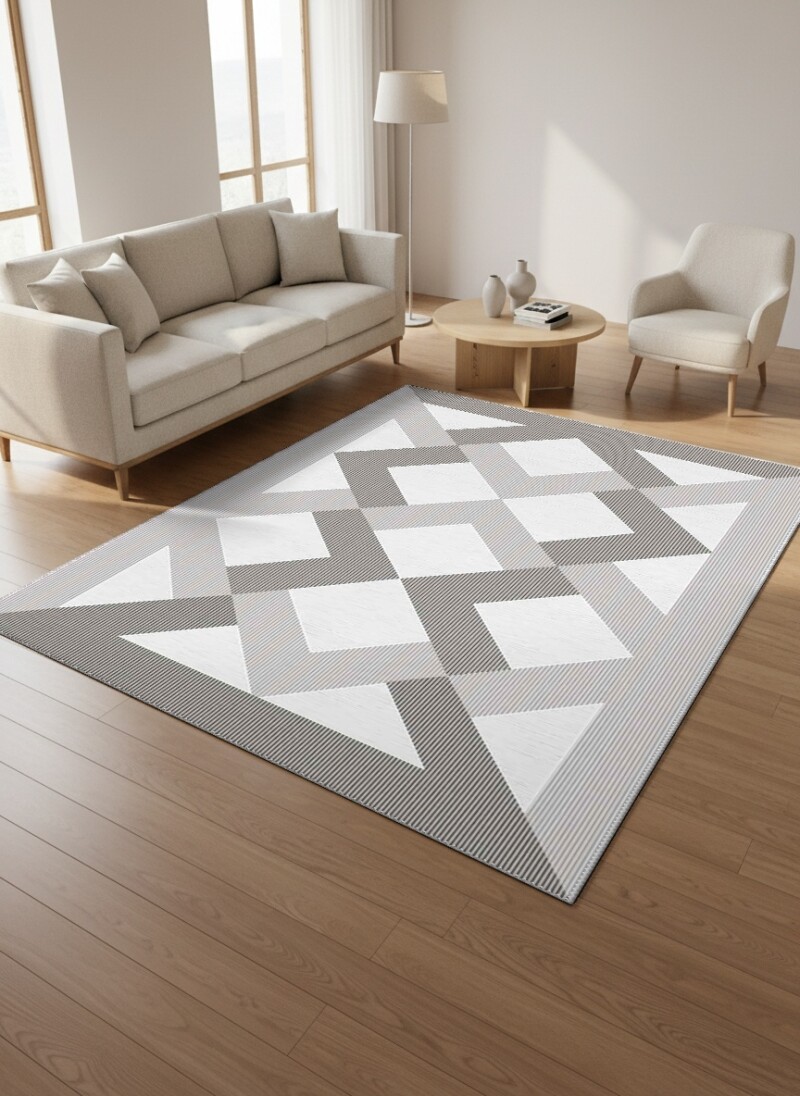 Beyaz Gri Çizgili Dokuma Büyük Elmas Baklava Üçgen Simetrik Op Art Geometrik Halı