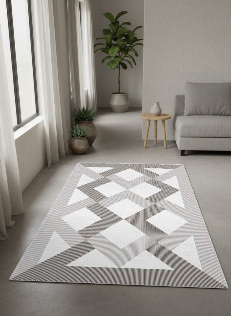 Beyaz Gri Çizgili Dokuma Büyük Elmas Baklava Üçgen Simetrik Op Art Geometrik Halı