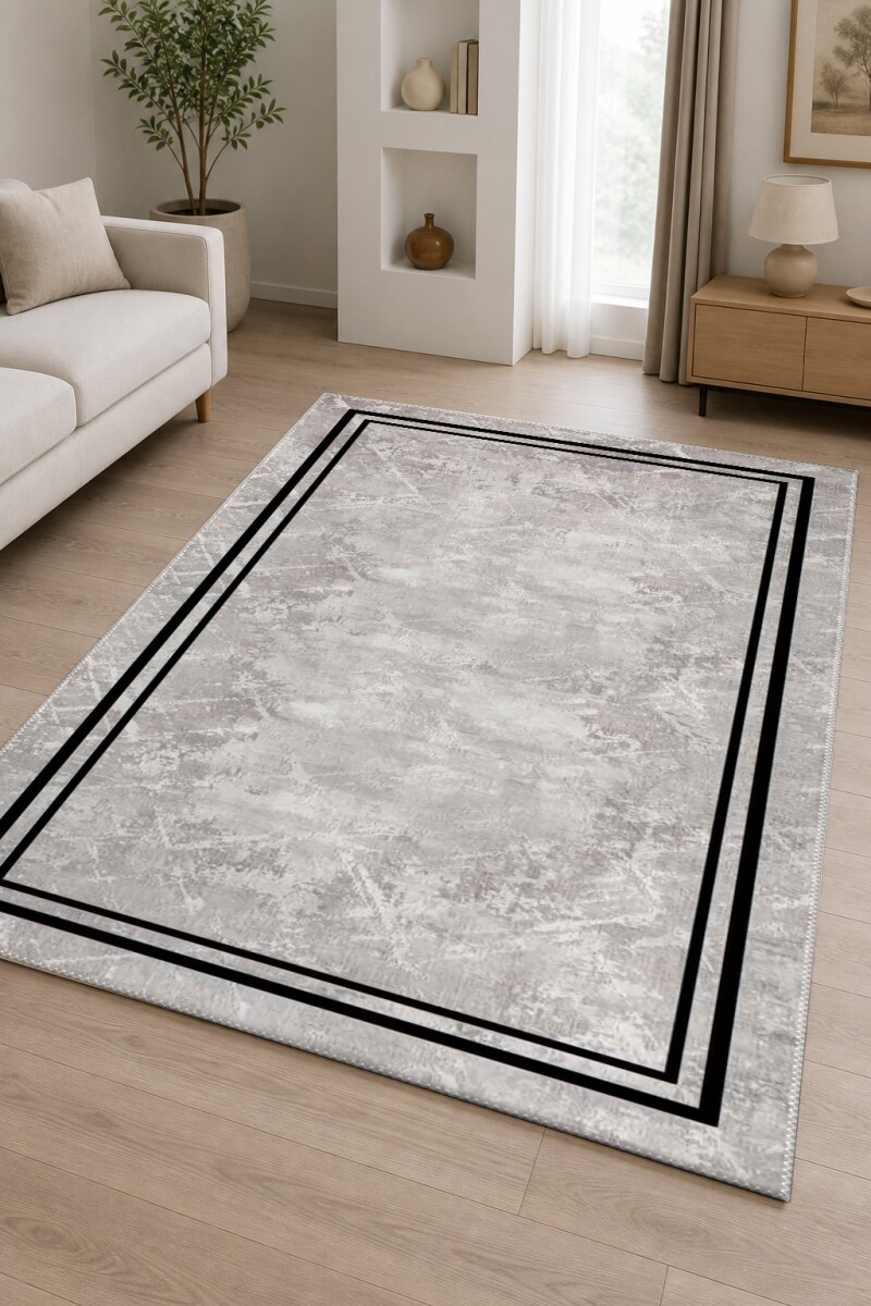 Açık Gri Beton Mermer Soyut Eskitme İnce Çift Siyah Dikdörtgen Çerçeve Minimal Halı