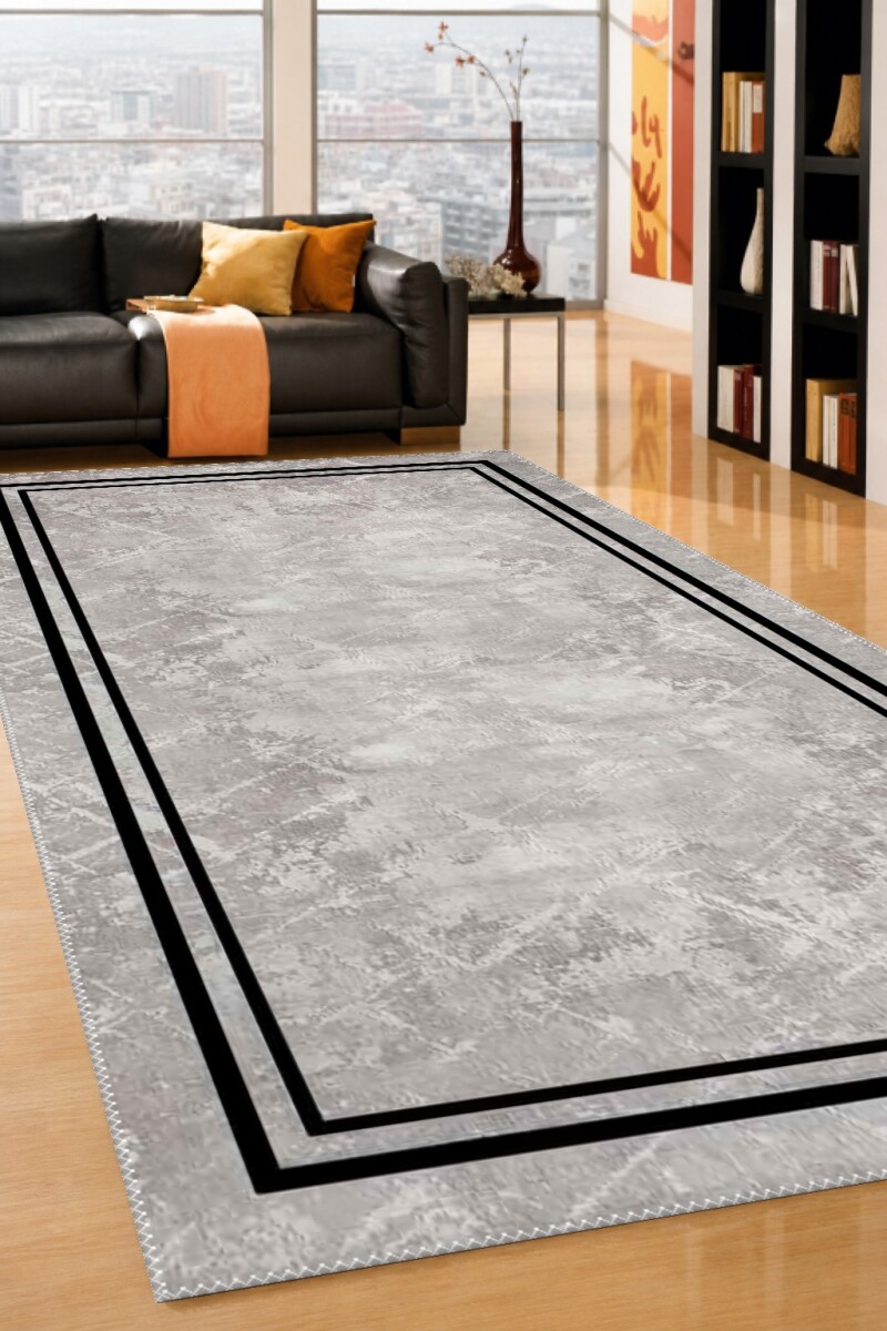 Açık Gri Beton Mermer Soyut Eskitme İnce Çift Siyah Dikdörtgen Çerçeve Minimal Halı