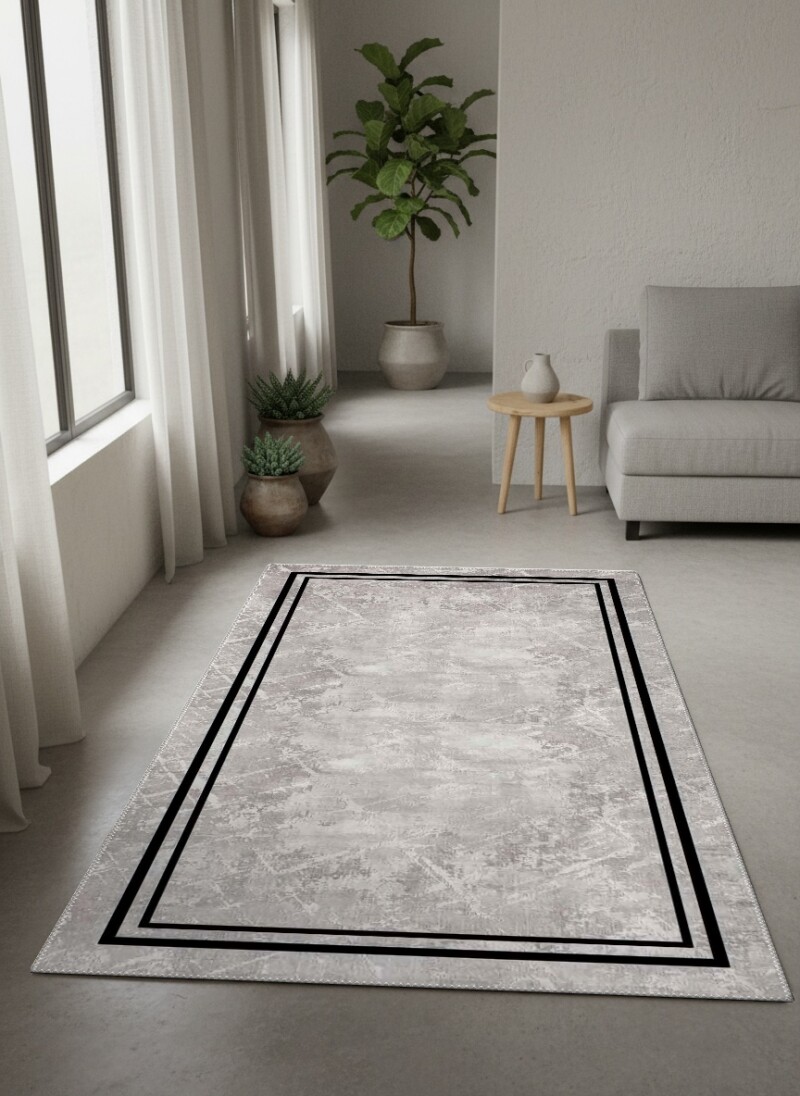 Açık Gri Beton Mermer Soyut Eskitme İnce Çift Siyah Dikdörtgen Çerçeve Minimal Halı