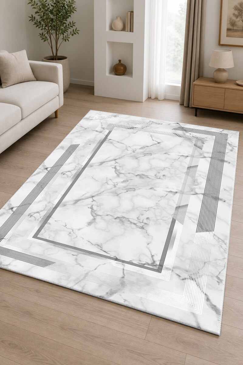Beyaz Mermer Damarlı Gri Silver Çizgili Çoklu Çerçeve Modern Lüks Salon Halısı