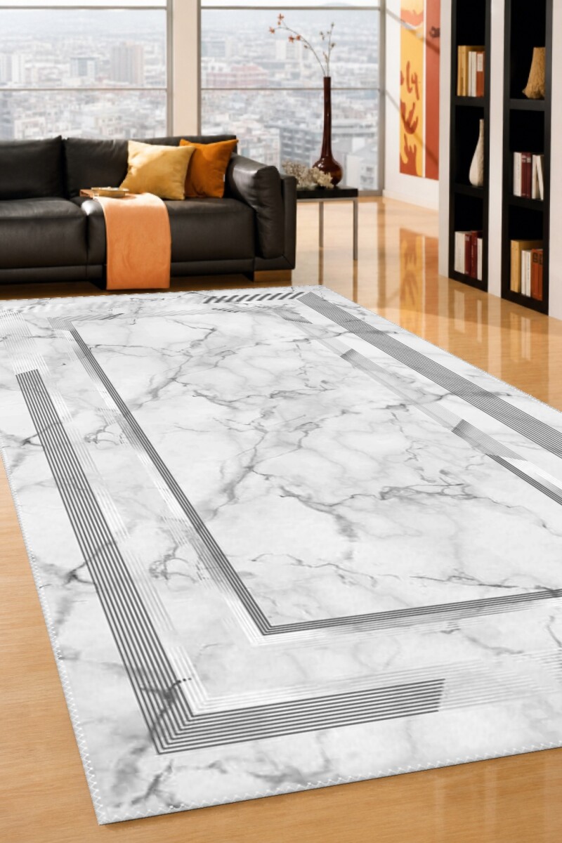 Beyaz Mermer Damarlı Gri Silver Çizgili Çoklu Çerçeve Modern Lüks Salon Halısı