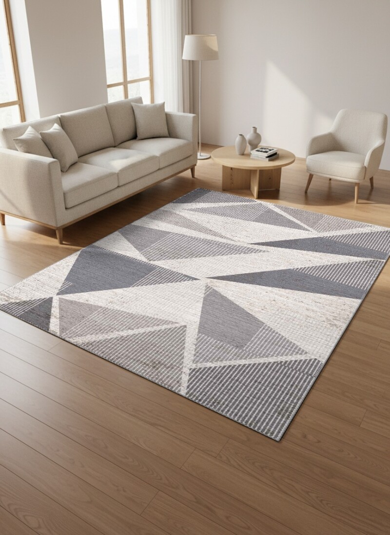Gri Beyaz Keten Dokuma Büyük Çapraz Üçgen Patchwork Soyut Tam Ekran Geometrik Halı