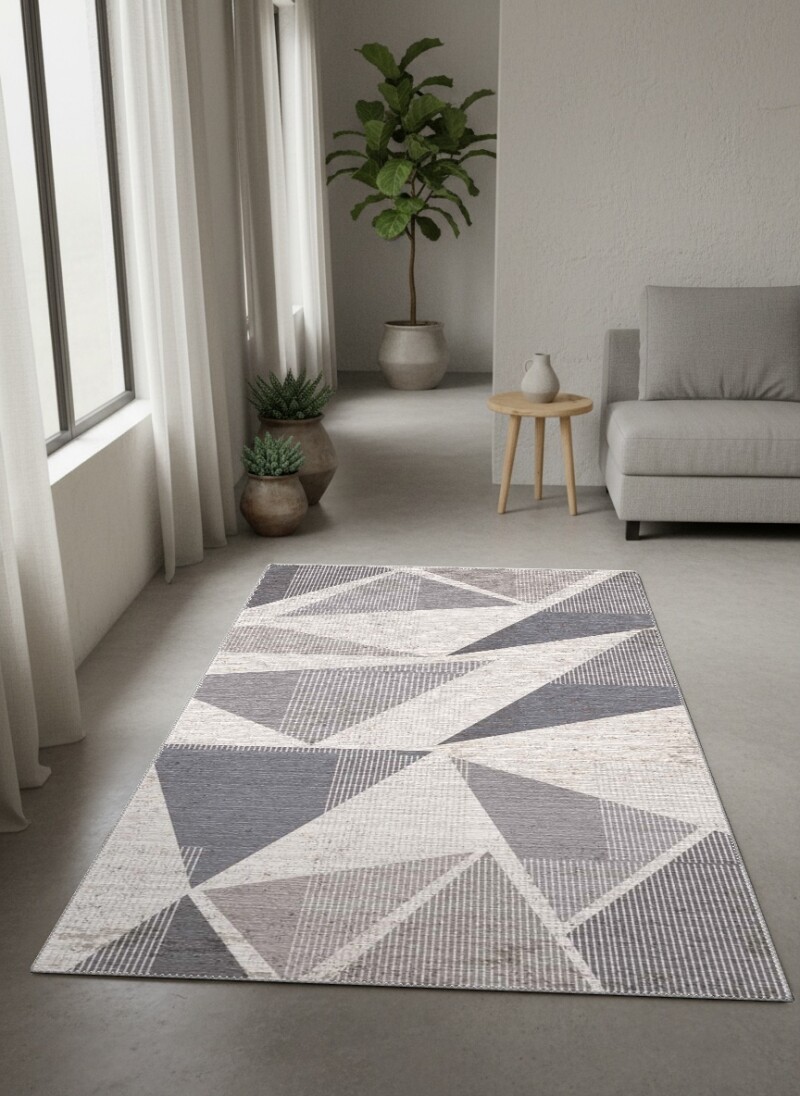 Gri Beyaz Keten Dokuma Büyük Çapraz Üçgen Patchwork Soyut Tam Ekran Geometrik Halı