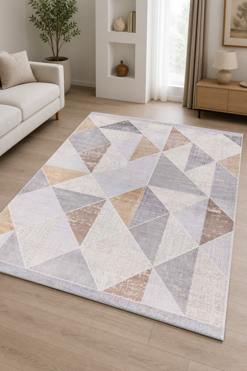 Gri Bej Krem Pastel Üçgen Elmas Patchwork Mozaik Farklı Dokulu Panel Geometrik Halı